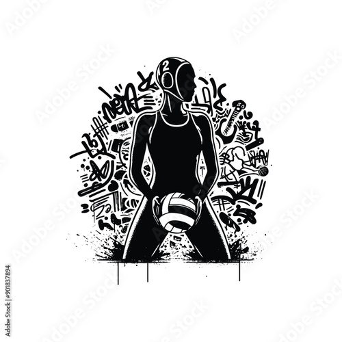 Water Polo sport female player with graffiti tags, street art pattern illustration, emblem shield badge