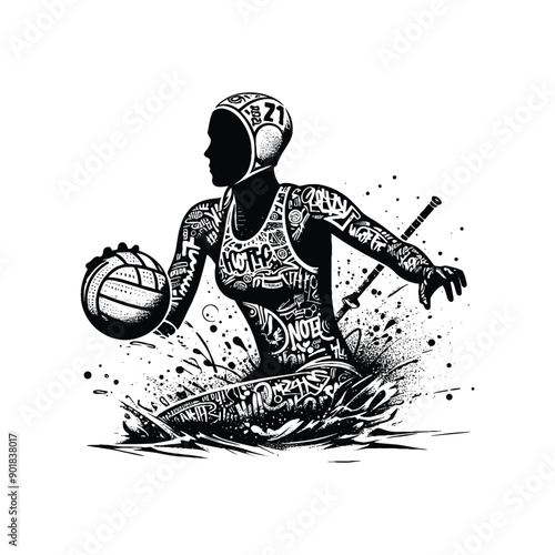 Water Polo sport female player with graffiti tags, street art pattern illustration, emblem shield badge