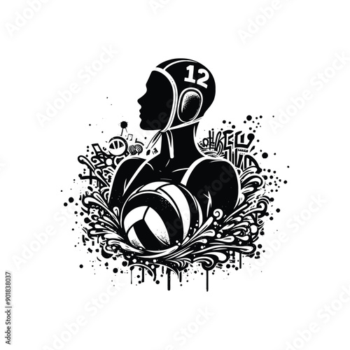 Water Polo sport female player with graffiti tags, street art pattern illustration, emblem shield badge