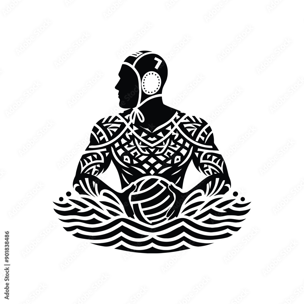 Water Polo sport male player with ethnic polynesia pattern illustration, emblem shield badge Water Polo sport male player with ethnic polynesia pattern illustration, emblem shield badge