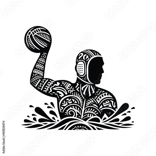Water Polo sport male player with ethnic polynesia pattern illustration, emblem shield badge