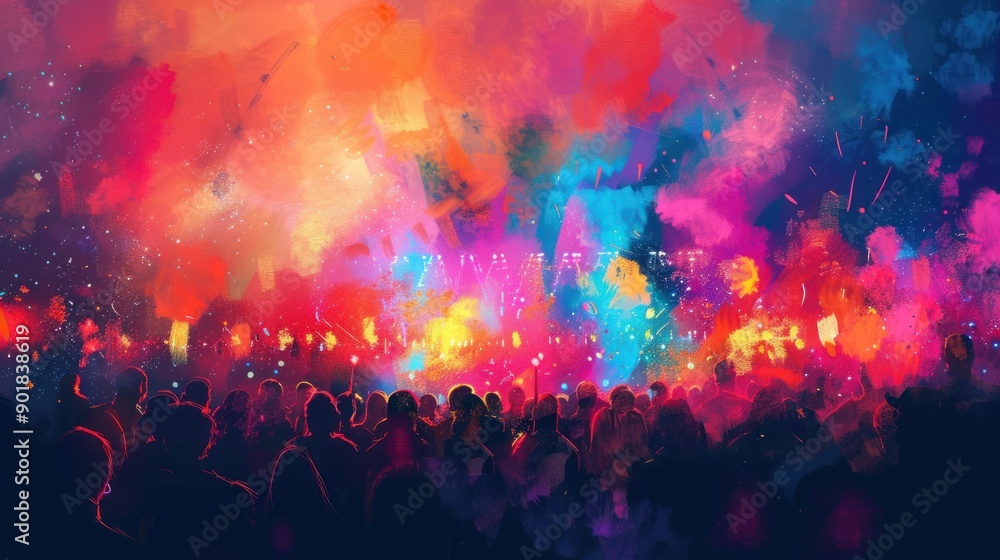Silhouettes of people in front of a colorful, abstract background. Silhouettes of people in front of a colorful, abstract background.