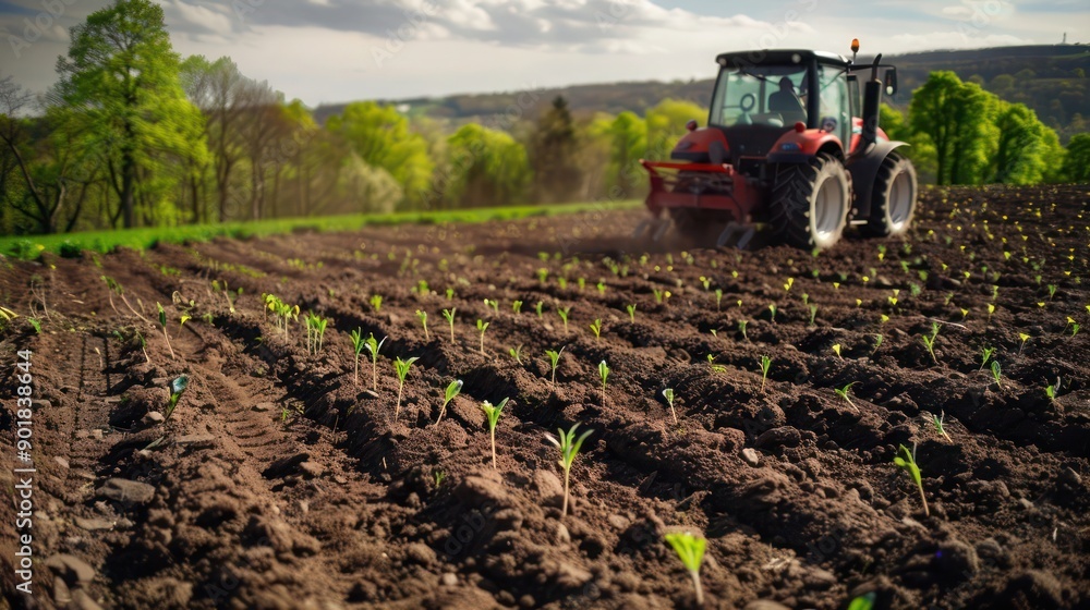 A spring field being cultivated by a tractor, with dark, rich soil and young plants beginning to grow. A spring field being cultivated by a tractor, with dark, rich soil and young plants beginning to grow.