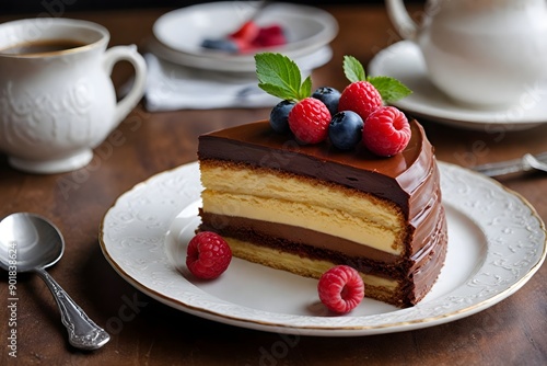 Elegant Dobos Torte with Caramelized Top and Chocolate Buttercream on Fine China photo