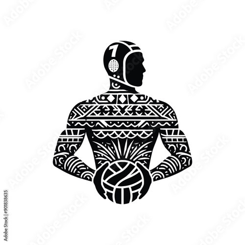 Water Polo sport male player with ethnic polynesia pattern illustration, emblem shield badge