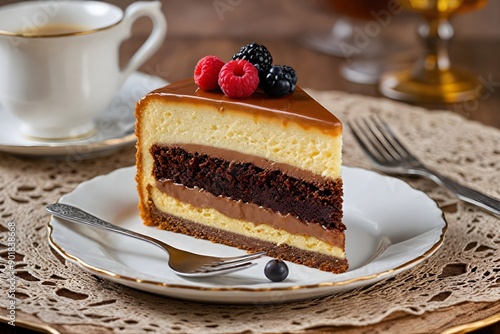 Elegant Dobos Torte with Caramelized Top and Chocolate Buttercream on Fine China photo