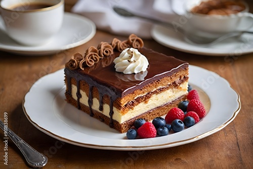 Elegant Dobos Torte with Caramelized Top and Chocolate Buttercream on Fine China photo