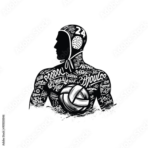 Water Polo sport male player with graffiti tags, street art pattern illustration, emblem shield badge