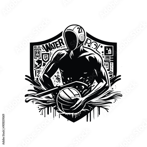 Water Polo sport male player with graffiti tags, street art pattern illustration, emblem shield badge