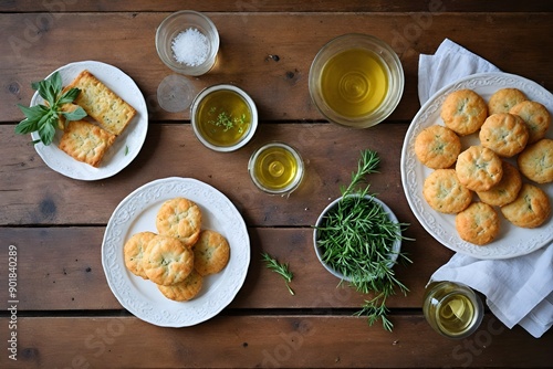 Golden-Brown Savory Biscuits with Cheese Spread and Pickles in a Rustic Setting