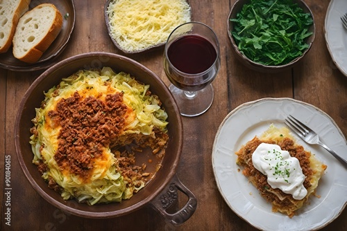 Delicious Rakott Káposzta (Layered Cabbage) in Rustic Ceramic Dish photo