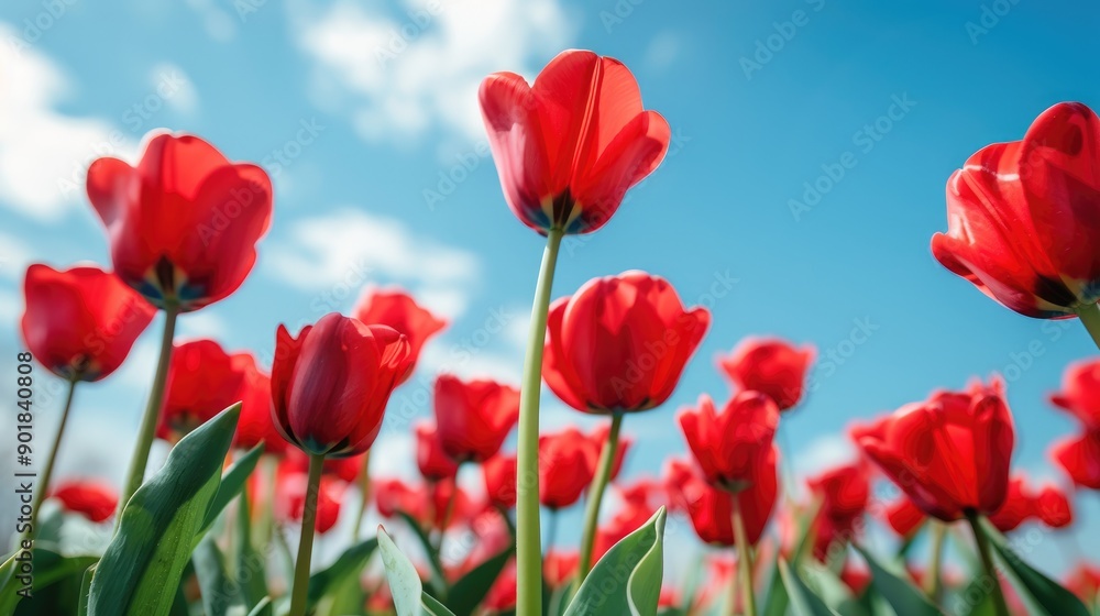Red tulip flowers blooming in a flowerbed under the sunny sky Soft focus vertical shot with a background of clear blue sky and few clouds Ideal for flower business concepts Red tulip flowers blooming in a flowerbed under the sunny sky Soft focus vertical shot with a background of clear blue sky and few clouds Ideal for flower business concepts