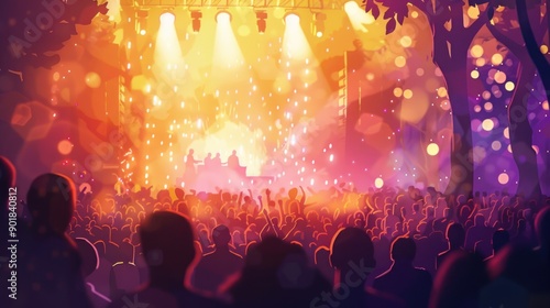Silhouettes of a crowd at a concert with bright lights and bokeh.