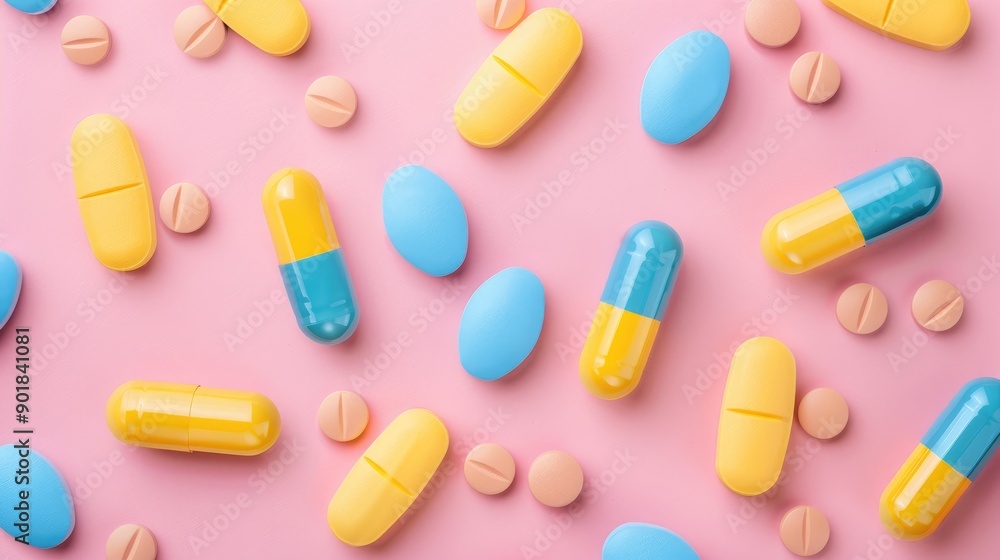 Blue and yellow pills on pink background symbolizing medicine and pharmacy in COVID 19 context Blue and yellow pills on pink background symbolizing medicine and pharmacy in COVID 19 context