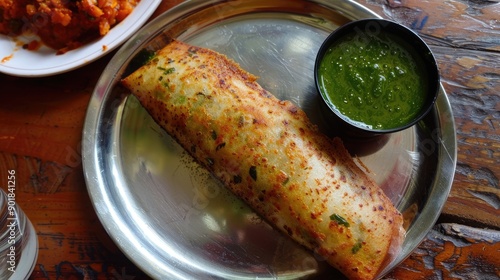 Mumbai Style Street Food Gini or Jini Dosa Served with Green Chutney on a Plate photo