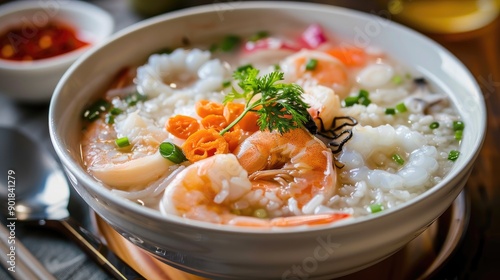 Seafood Congee Boiled Rice Soup with Sliced Fish Squid and Shrimp in a White Bowl Asian Breakfast Style