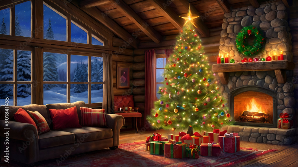 Fototapeta premium christmas tree with fireplace
