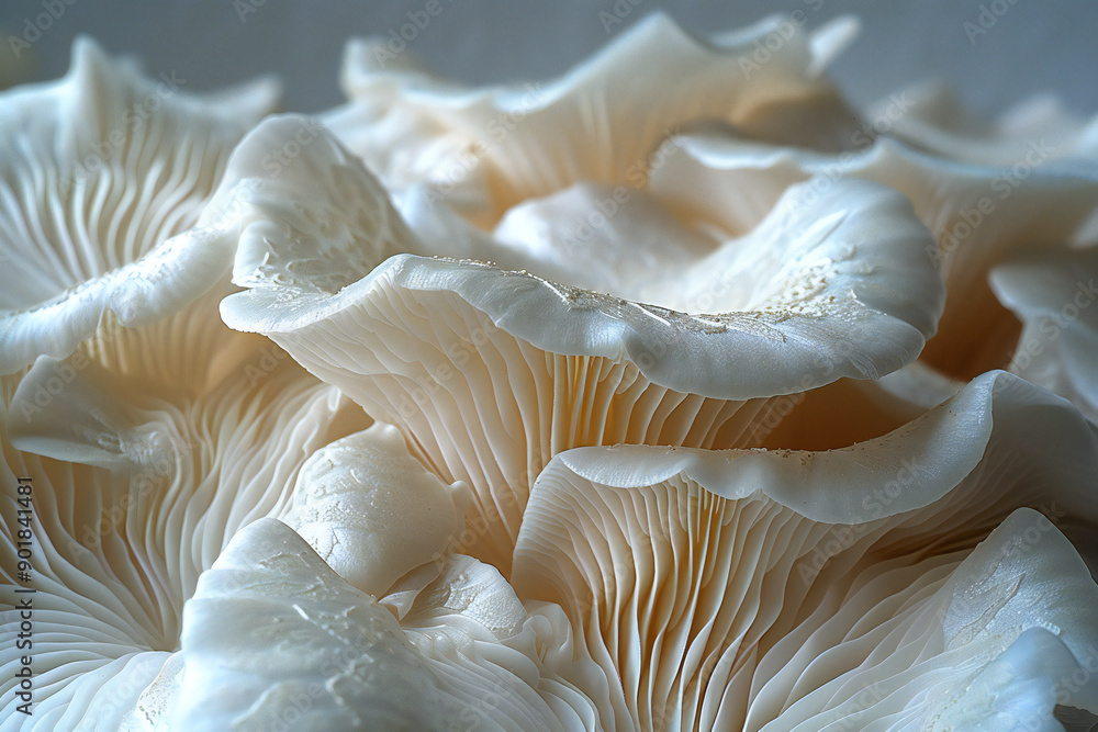 Farmed Oyster Mushroom Underside Gills Close-Up Farmed Oyster Mushroom Underside Gills Close-Up