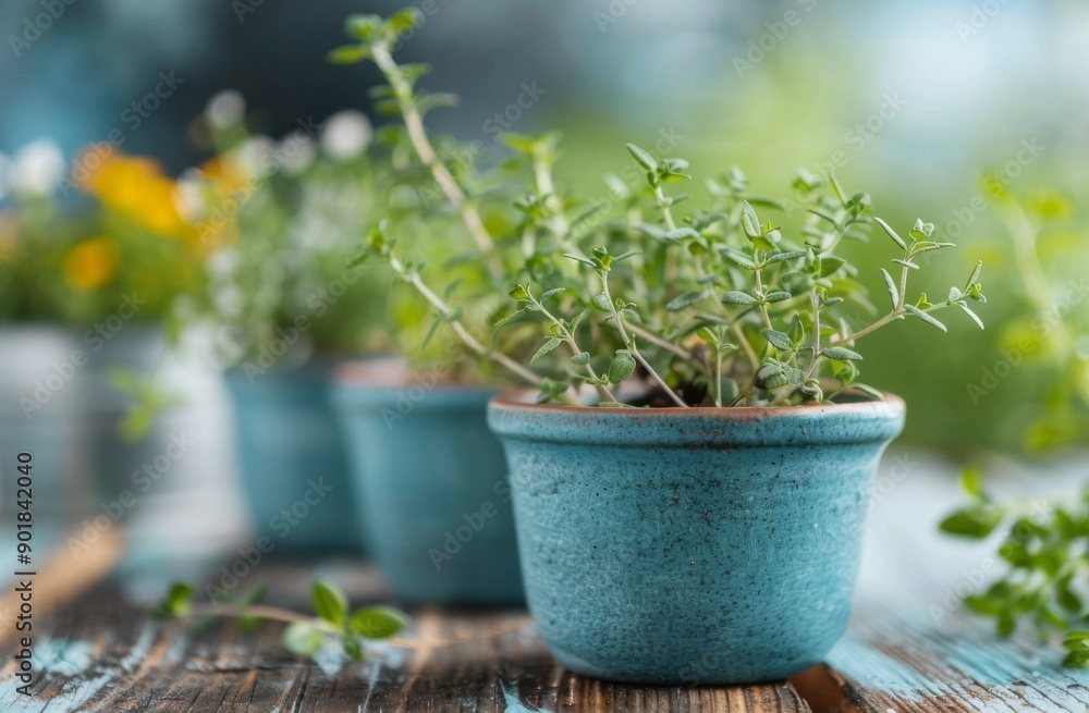 Blue Pots of Thyme in Garden Blue Pots of Thyme in Garden