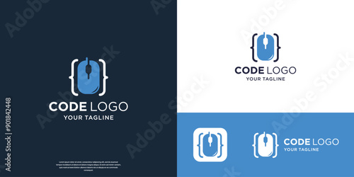 coding logo template with combined mouse symbol design for programmer technology.