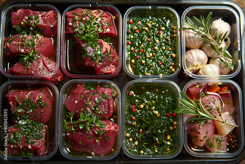 Raw Steaks with Herbs and Marinades