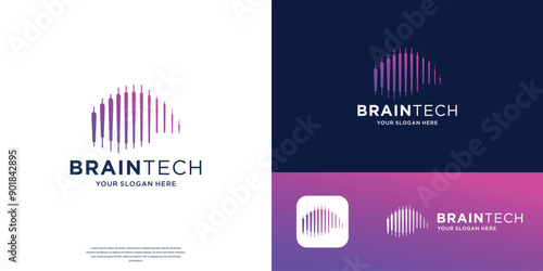 Brain tech Logo silhouette design vector. Brainstorm think ideas symbol.