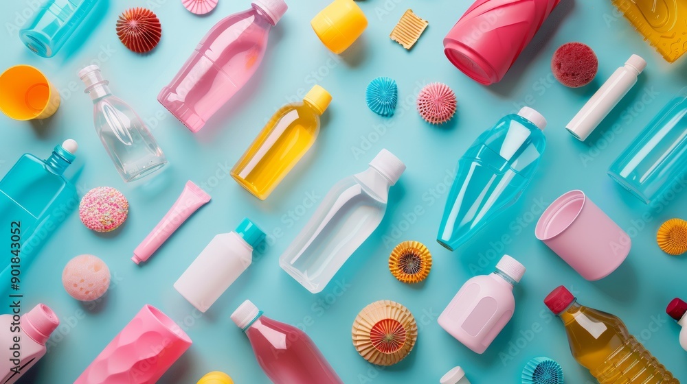 Colorful plastic bottles and containers on blue background Colorful plastic bottles and containers on blue background
