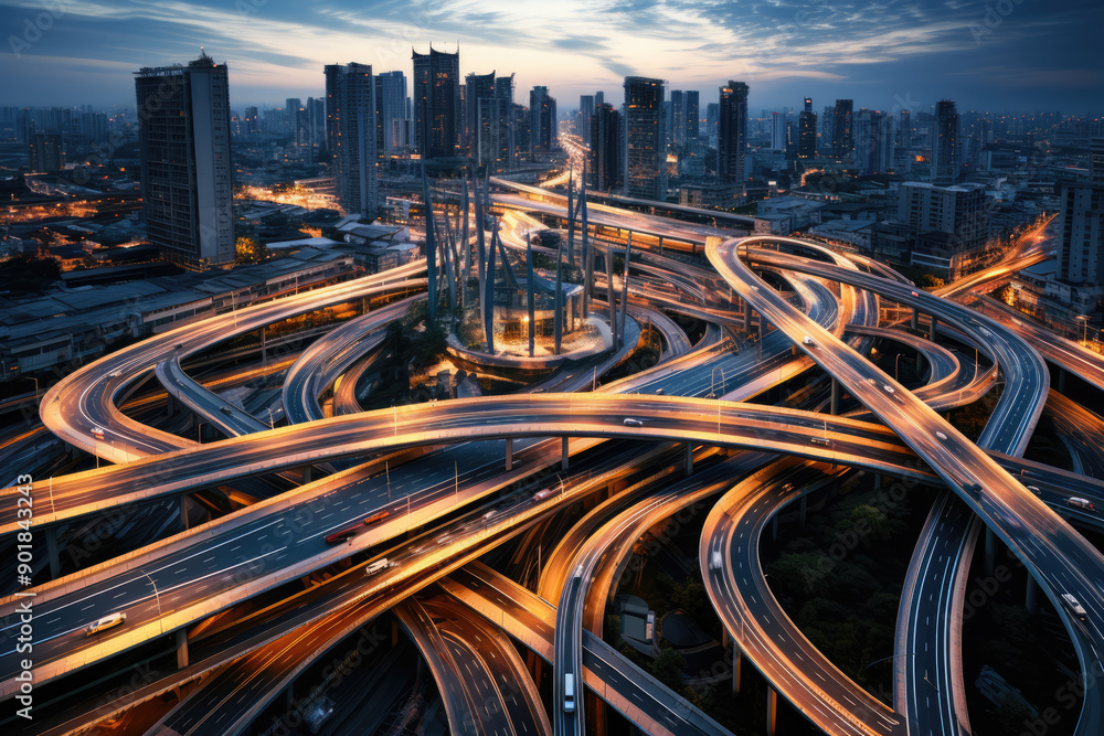 Obraz premium generated illustration of road intersection aerial night timelapse.