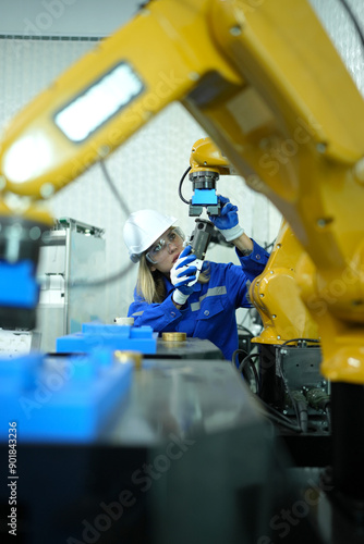 Engineer check and control welding robotics automatic arms machine in intelligent factory automotive industrial with monitoring system software. Digital manufacturing operation.