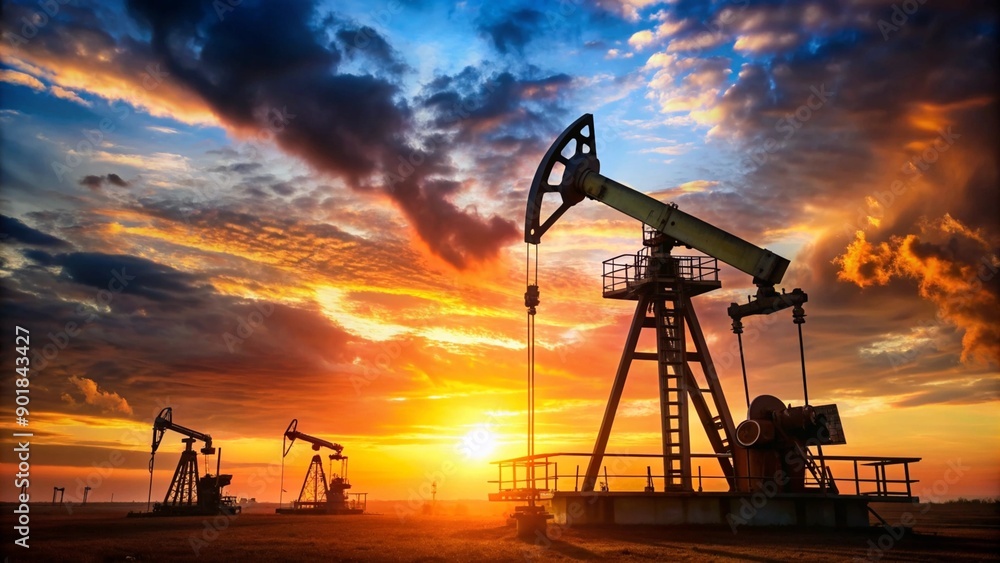 Fototapeta premium Silhouette of Oil Pump Jack Working at Sunset Sky