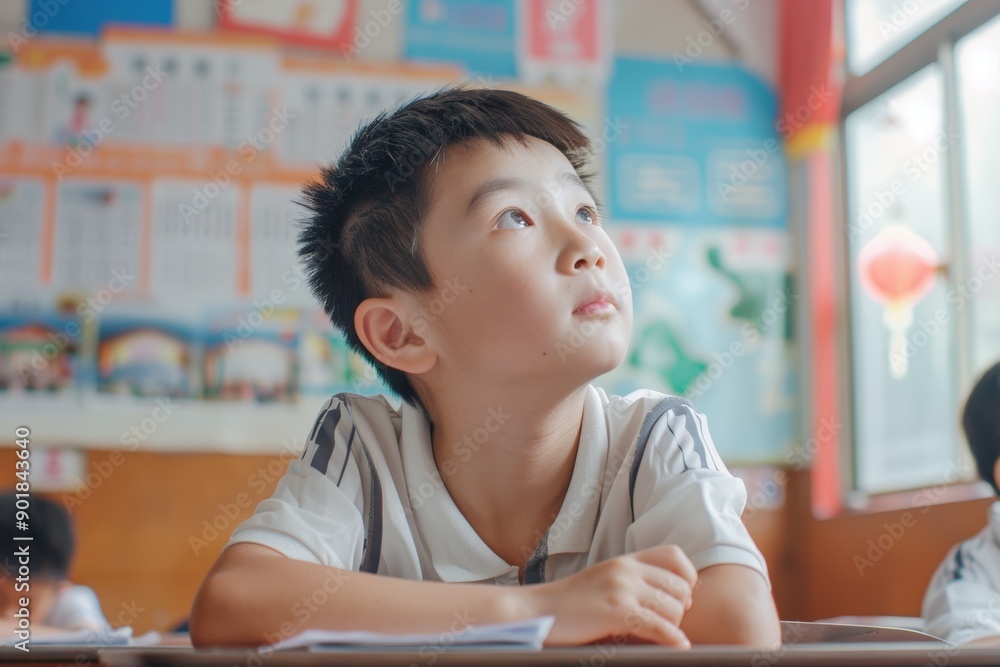 Focused Chinese Schoolboy in Classroom with Educational Posters - Perfect for Education Themes Focused Chinese Schoolboy in Classroom with Educational Posters - Perfect for Education Themes