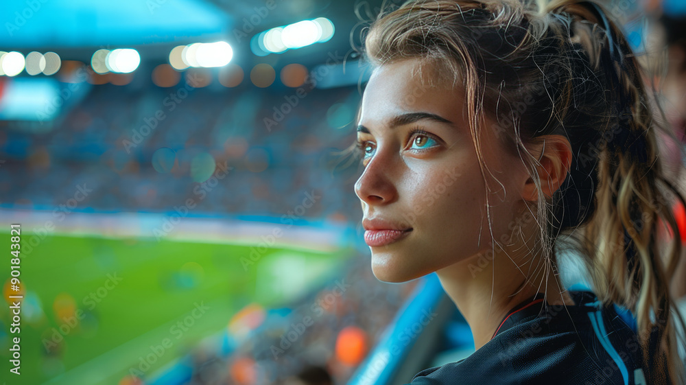 a cool young woman, wearing a black and blue football shirt, watching a football match in the stadium alone, in the stands,generative ai a cool young woman, wearing a black and blue football shirt, watching a football match in the stadium alone, in the stands,generative ai