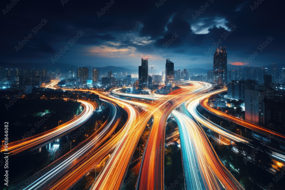 Fototapeta premium generated illustration of road intersection aerial night timelapse.