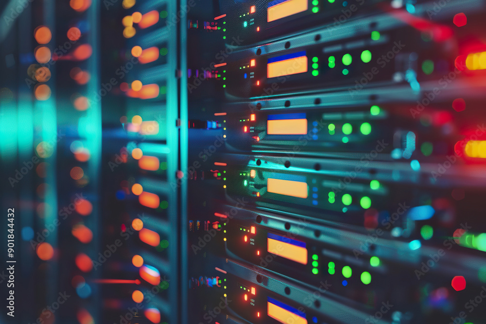 A computer server room with a blue and orange glow. A computer server room with a blue and orange glow.