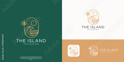 minimalist the island logo of sun beach waves and palm circles line art vector