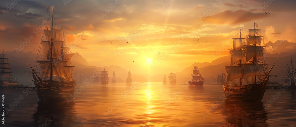 Harbor city with bustling docks, sailing ships, anime style, maritime life, wallpaper background Harbor city with bustling docks, sailing ships, anime style, maritime life, wallpaper background