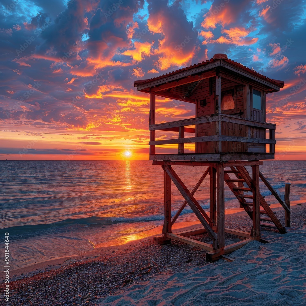 Admiring a beautiful sunset over the ocean with a wooden lifeguard tower in the foreground Admiring a beautiful sunset over the ocean with a wooden lifeguard tower in the foreground