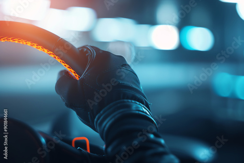 Intense closeup of the F1 car s steering column and the driver s gloves gripping it, F1 car, control and precision