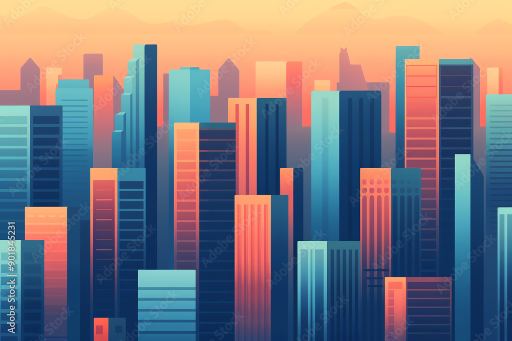 Vibrant flat design city skyline, top view, mixeduse buildings