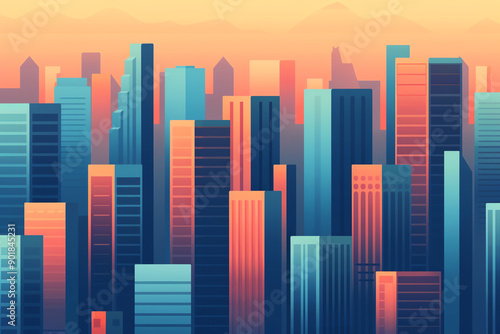 Vibrant flat design city skyline, top view, mixeduse buildings photo