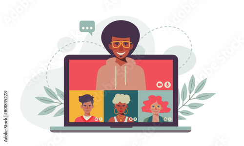  team colleagues video call, meeting zoom. Inclusive people connecting together, learning or meeting online with teleconference. Vector illustration on a white background.