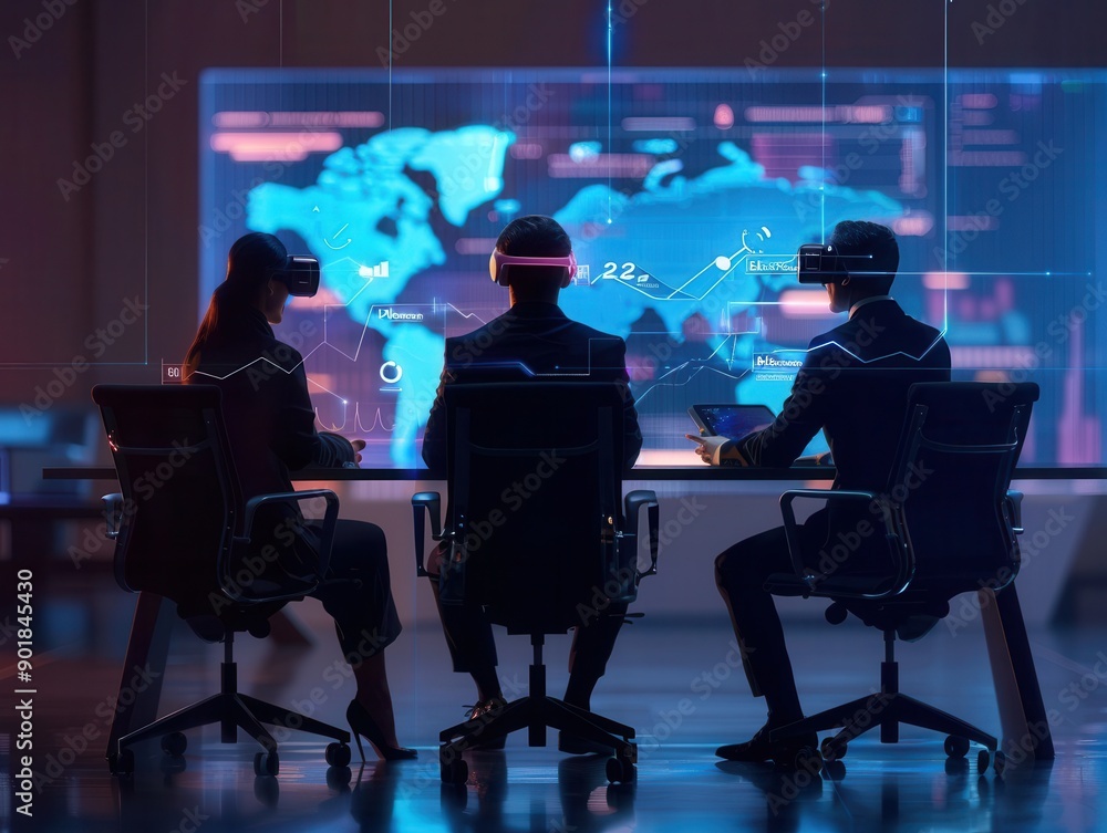 Futuristic Business Meeting with Augmented Reality Devices and Holographic Interface in Digital Painting Style Futuristic Business Meeting with Augmented Reality Devices and Holographic Interface in Digital Painting Style