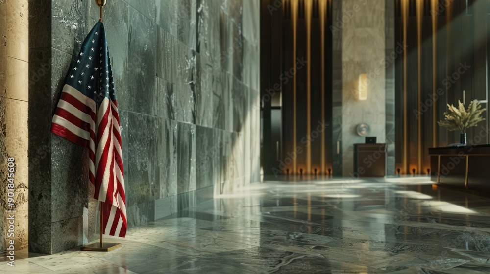 A folded American flag stands against a textured wall in a modern lobby. A folded American flag stands against a textured wall in a modern lobby.