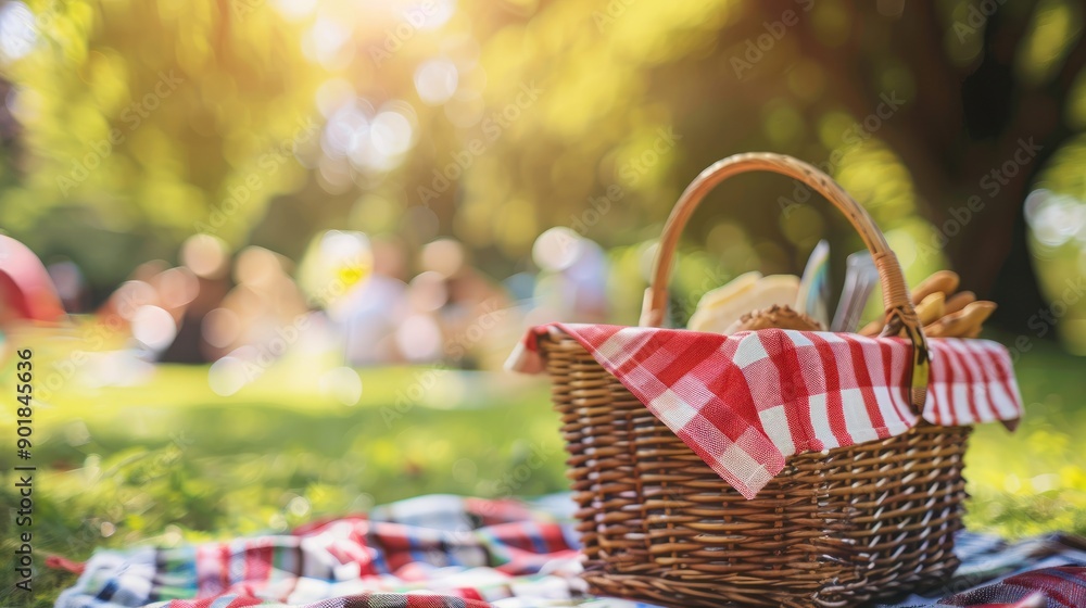 Picnic basket on a checkered blanket with blurred background. Picnic basket on a checkered blanket with blurred background.