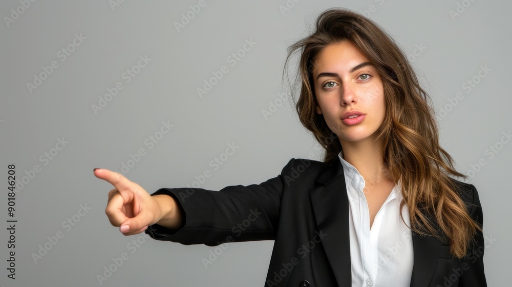 Business woman pointing towards something off screen Business woman pointing towards something off screen