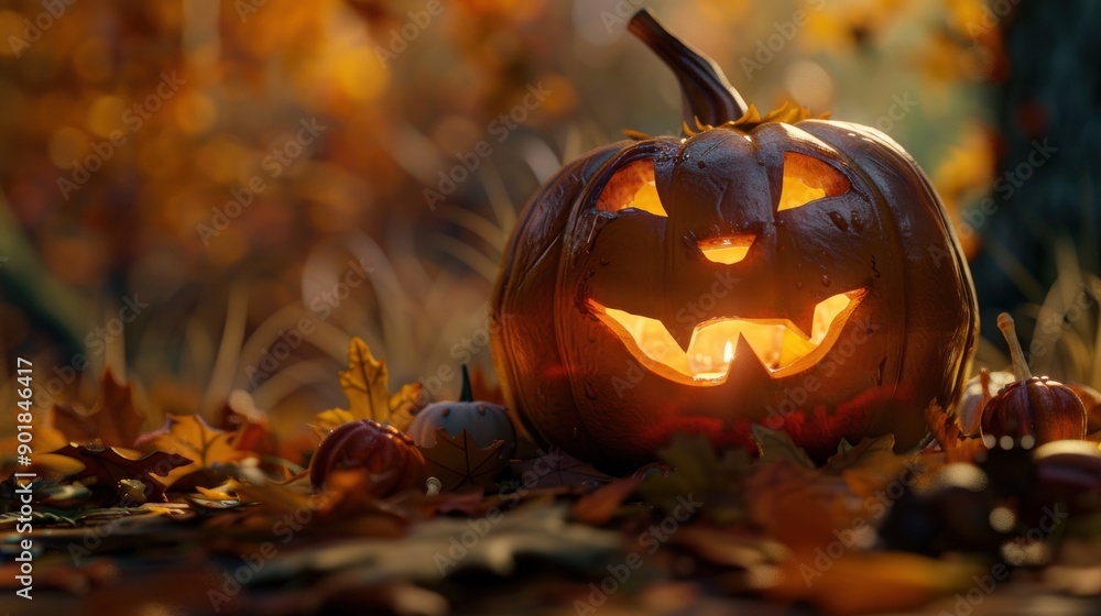 Glowing Jack-o'-lantern in autumn leaves. Glowing Jack-o'-lantern in autumn leaves.