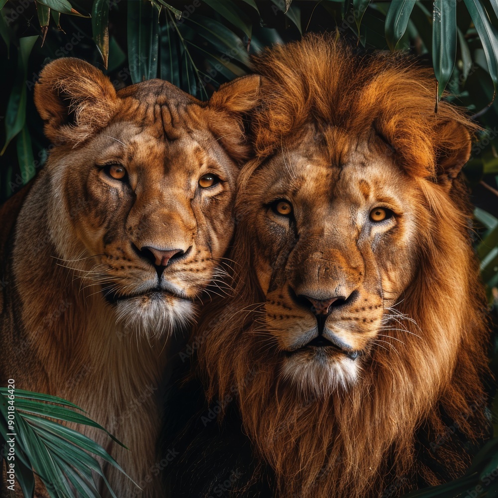 Fototapeta premium Majestic lion and lioness are standing in the jungle with lush green leaves surrounding them