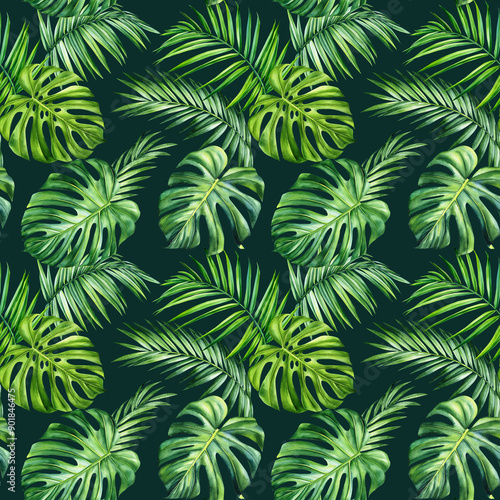 Tropical pattern, Summer watercolor palm leaves. Green pattern for wallpaper textile fabric design. Floral hand drawn 