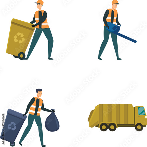 Street cleaner icons set cartoon vector. Men street cleaner behind work. City service concept