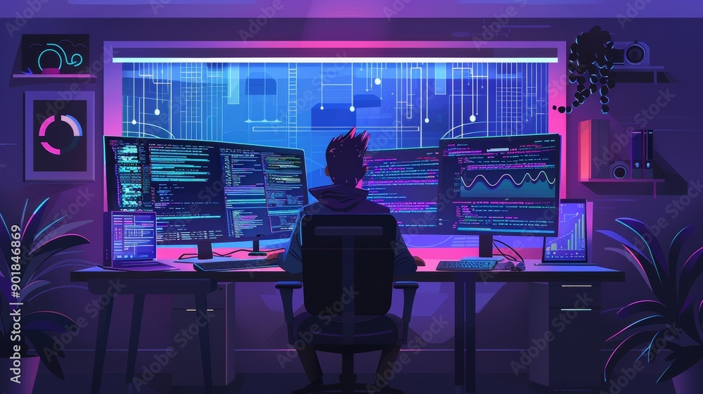 DevOps Engineer Managing CI/CD Pipeline in High-Tech Office Environment with Multiple Monitors DevOps Engineer Managing CI/CD Pipeline in High-Tech Office Environment with Multiple Monitors